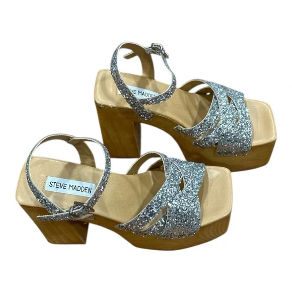 unique made in italy Steve Madden Glittery Silver and Tan Platform Heels. - Picture 2 of 5